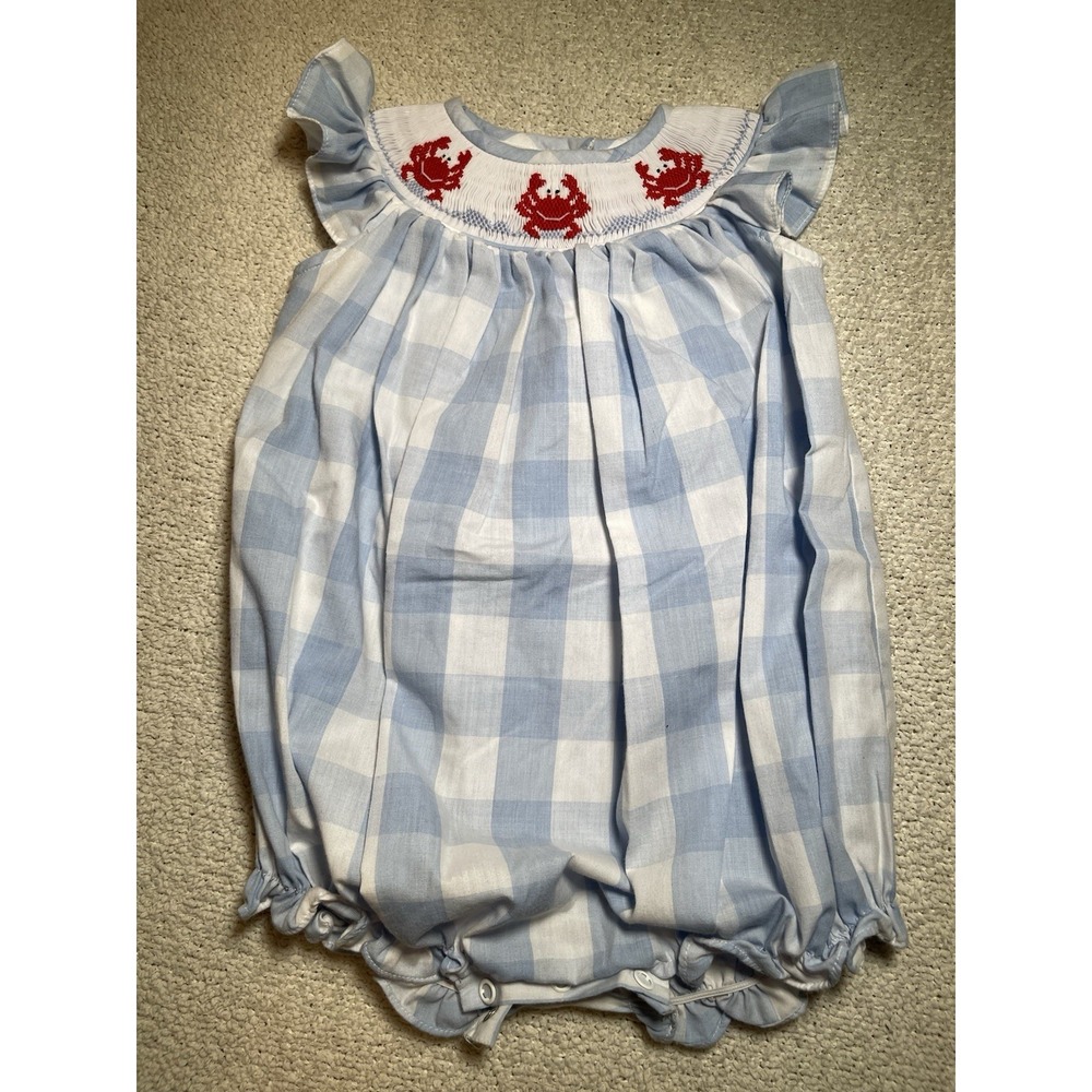 The Bailey Boys Smocked Girls Blue Plaid Crab Short Romper Size 12 Months EUC